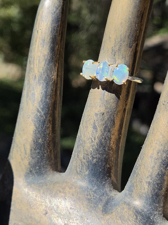 Opal Trio Solitaire Sterling & Gold Ring Sz6.75 - Picture 6 of 7